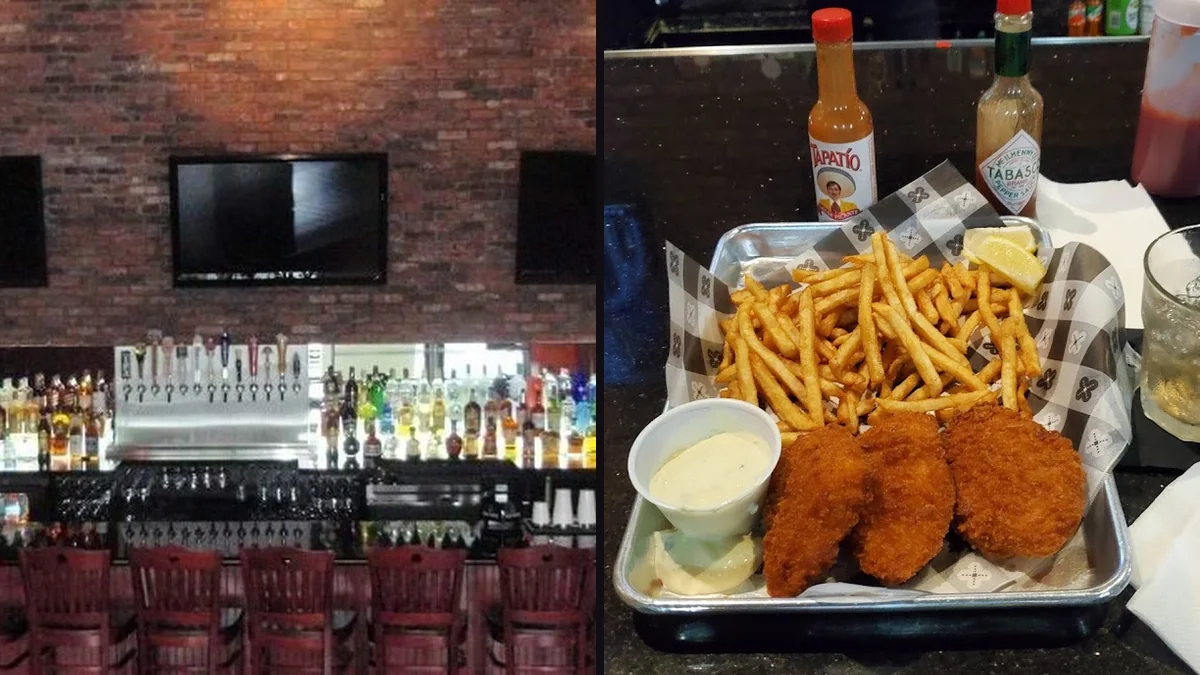 Comfort food plates beside drinks at a laid-back grill.