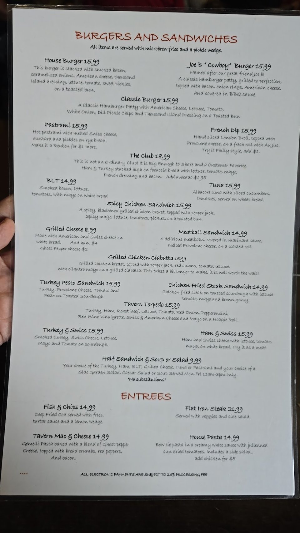 Printed menu with beverages and comfort food sections.